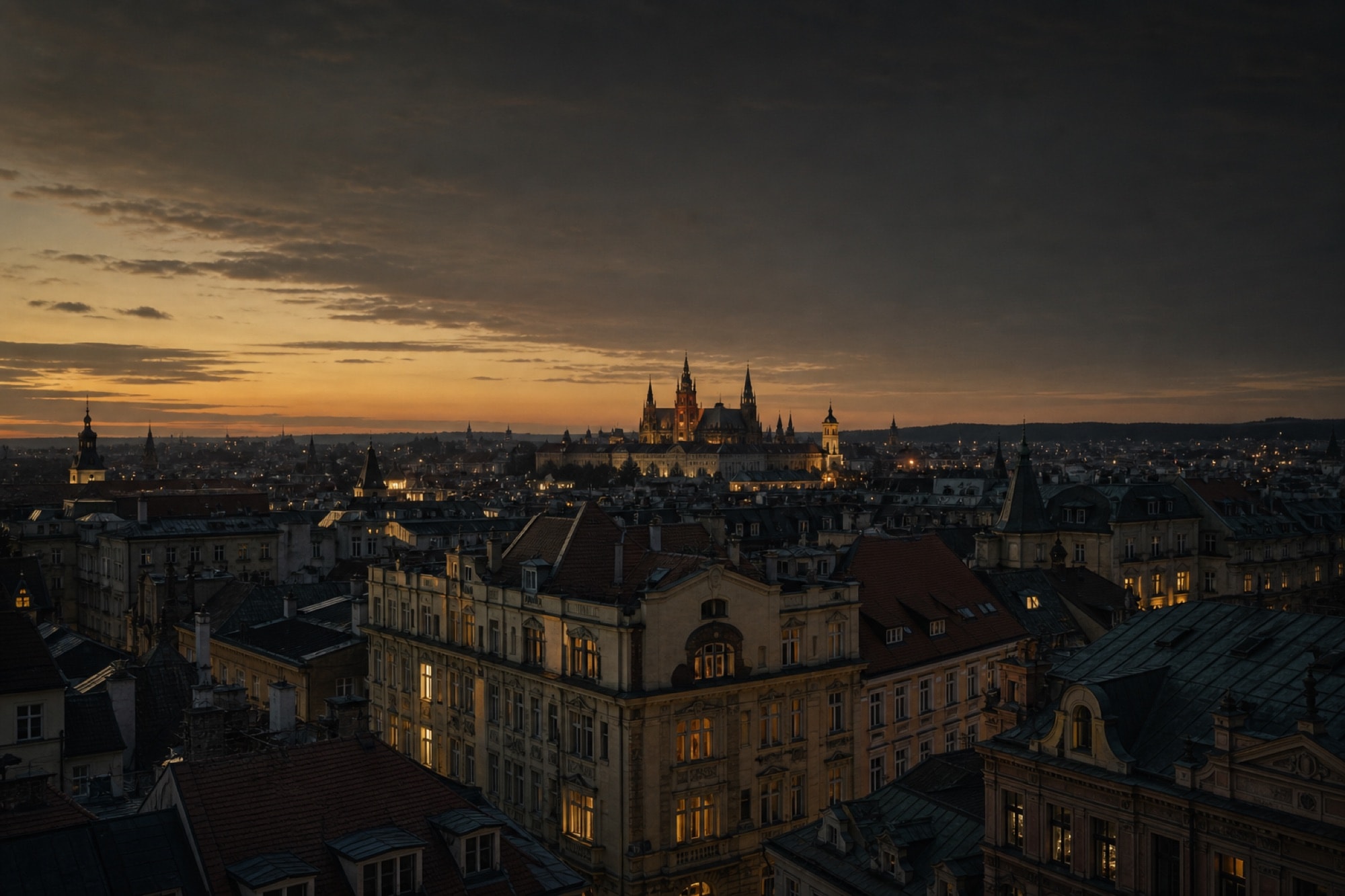 Střechy Prahy a Pražský hrad za soumraku